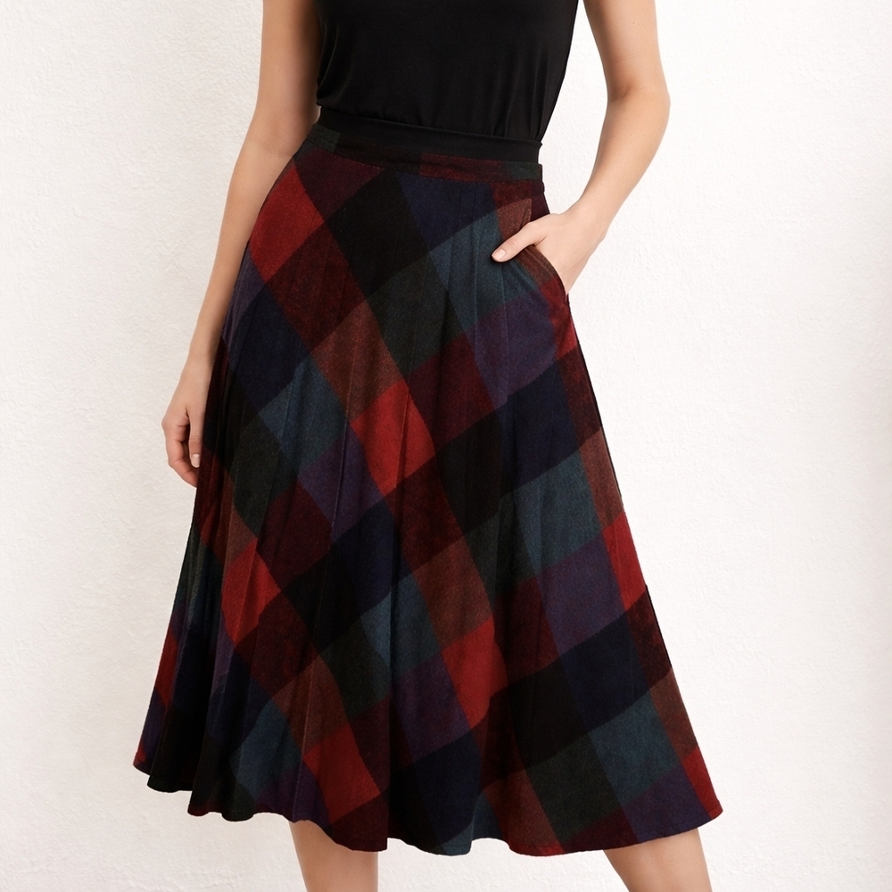 VTG PRESTIGE OF BOSTON Rainbow Check Accordian Pleated Grunge Wool Skirt